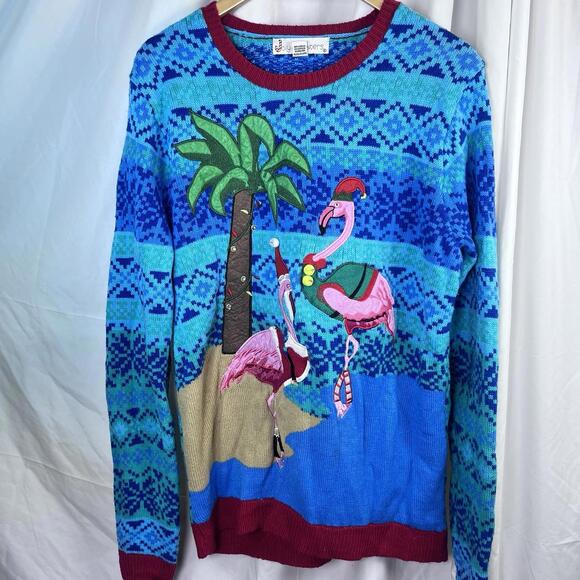 Jolly Sweater Christmas Sweater Size Large Flamingos Palm Tree Beach GUC - Picture 1 of 9